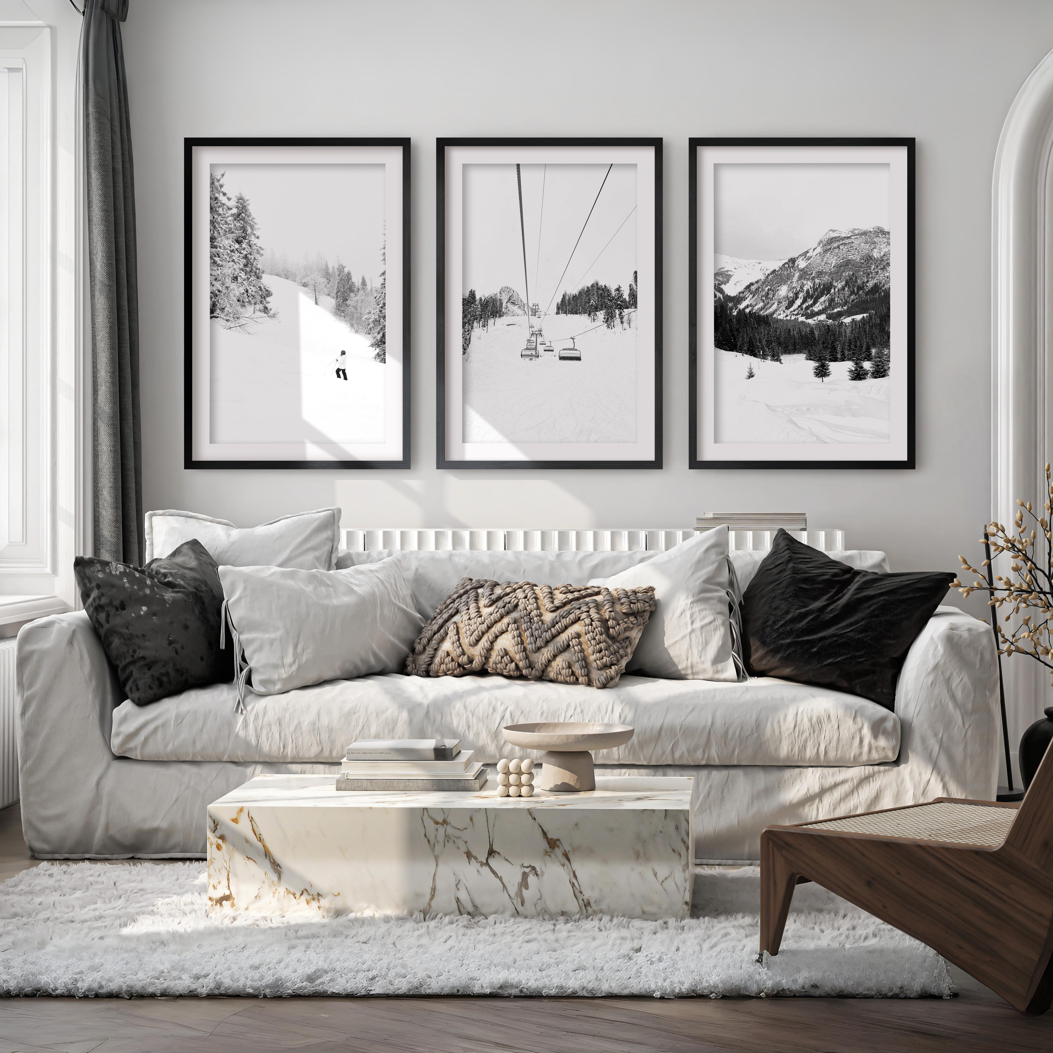 3 Piece Black White Winter Sport Wall Art Set. Ski Lodge - Black Framed Poster with White Border - Artworksets