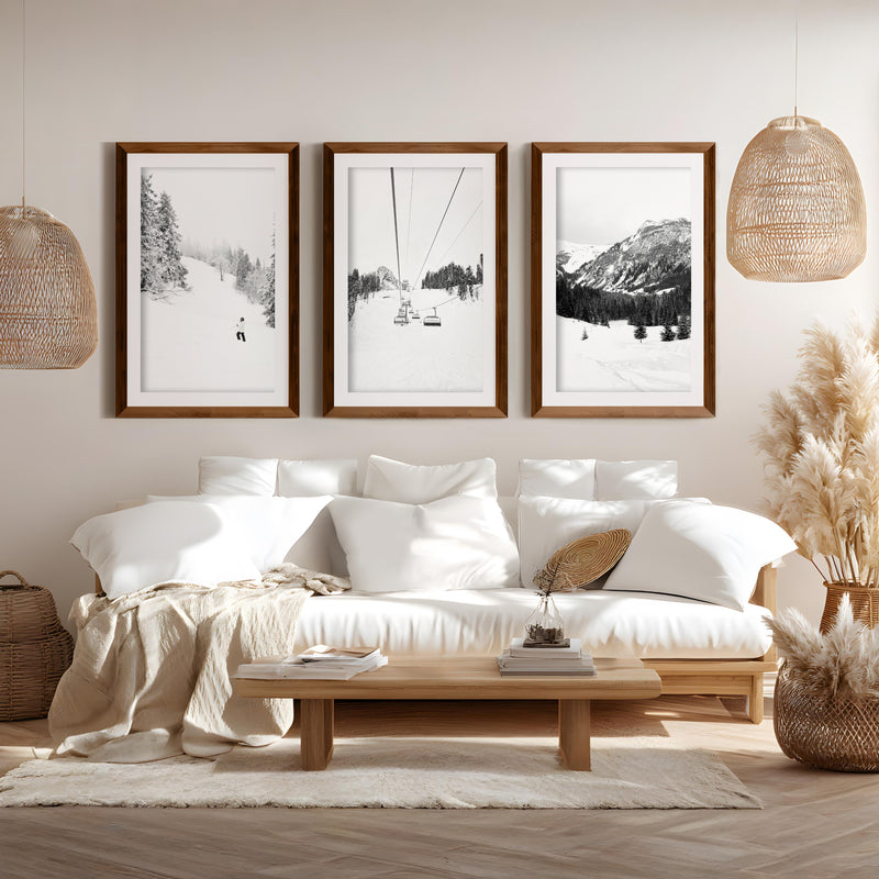3 Piece Black White Winter Sport Wall Art Set. Ski Lodge - Dark Brown Framed Poster with White Border - Artworksets