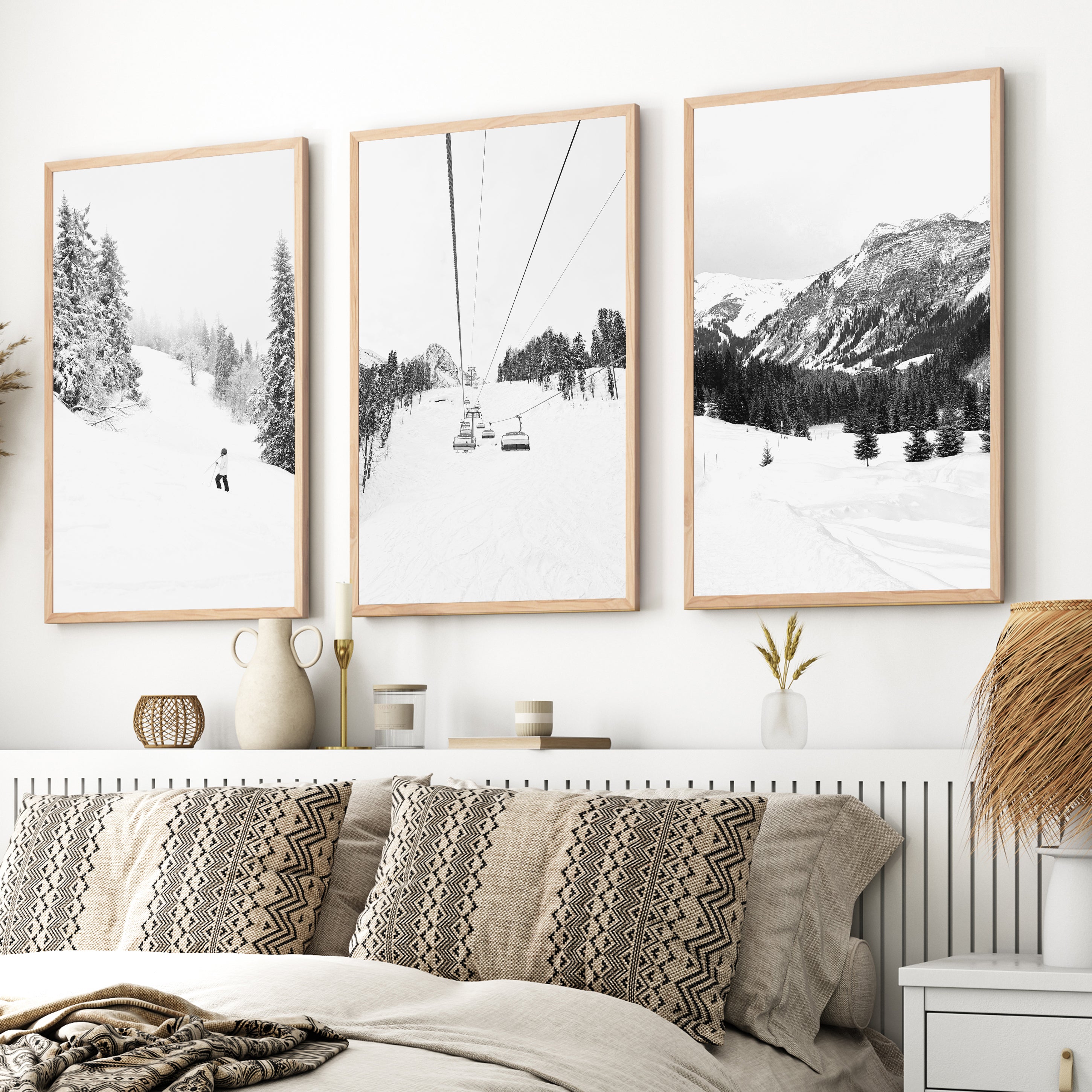 3 Piece Black White Winter Sport Wall Art Set. Ski Lodge - Natural Wood Framed Poster No Border - Artworksets