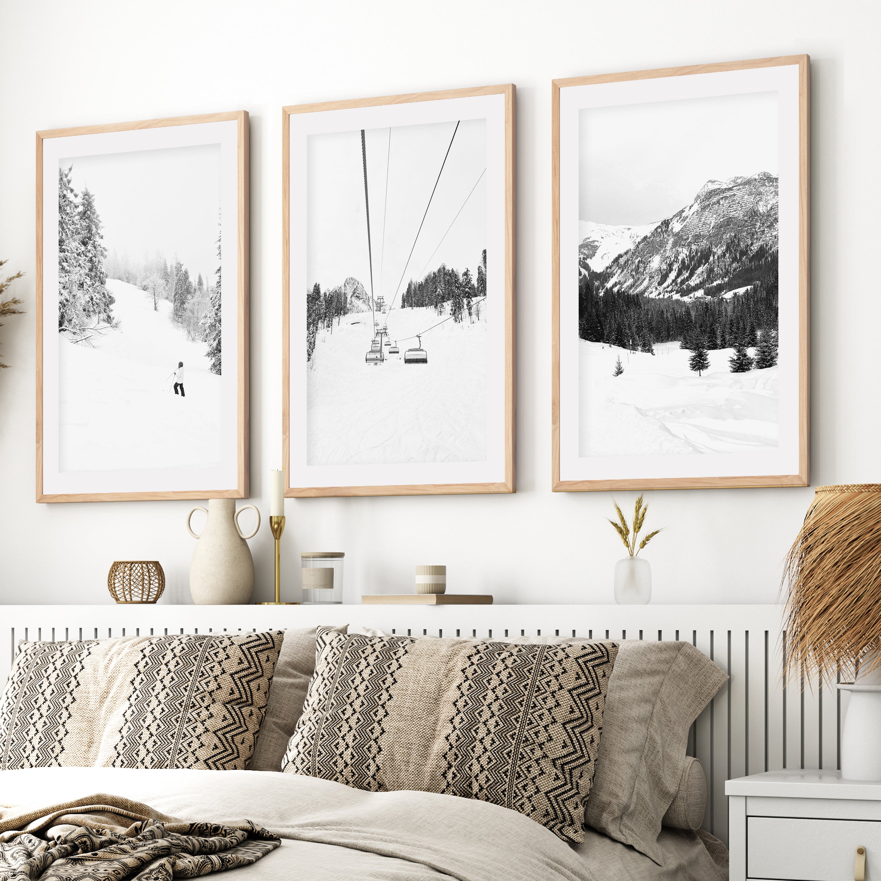 3 Piece Black White Winter Sport Wall Art Set. Ski Lodge- Natural Wood Framed Poster with White Border - Artworksets