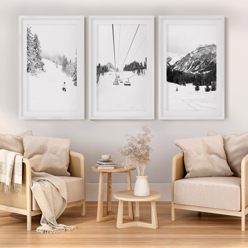 3 Piece Black White Winter Sport Wall Art Set. Ski Lodge - White Framed Poster with White Border - Artworksets