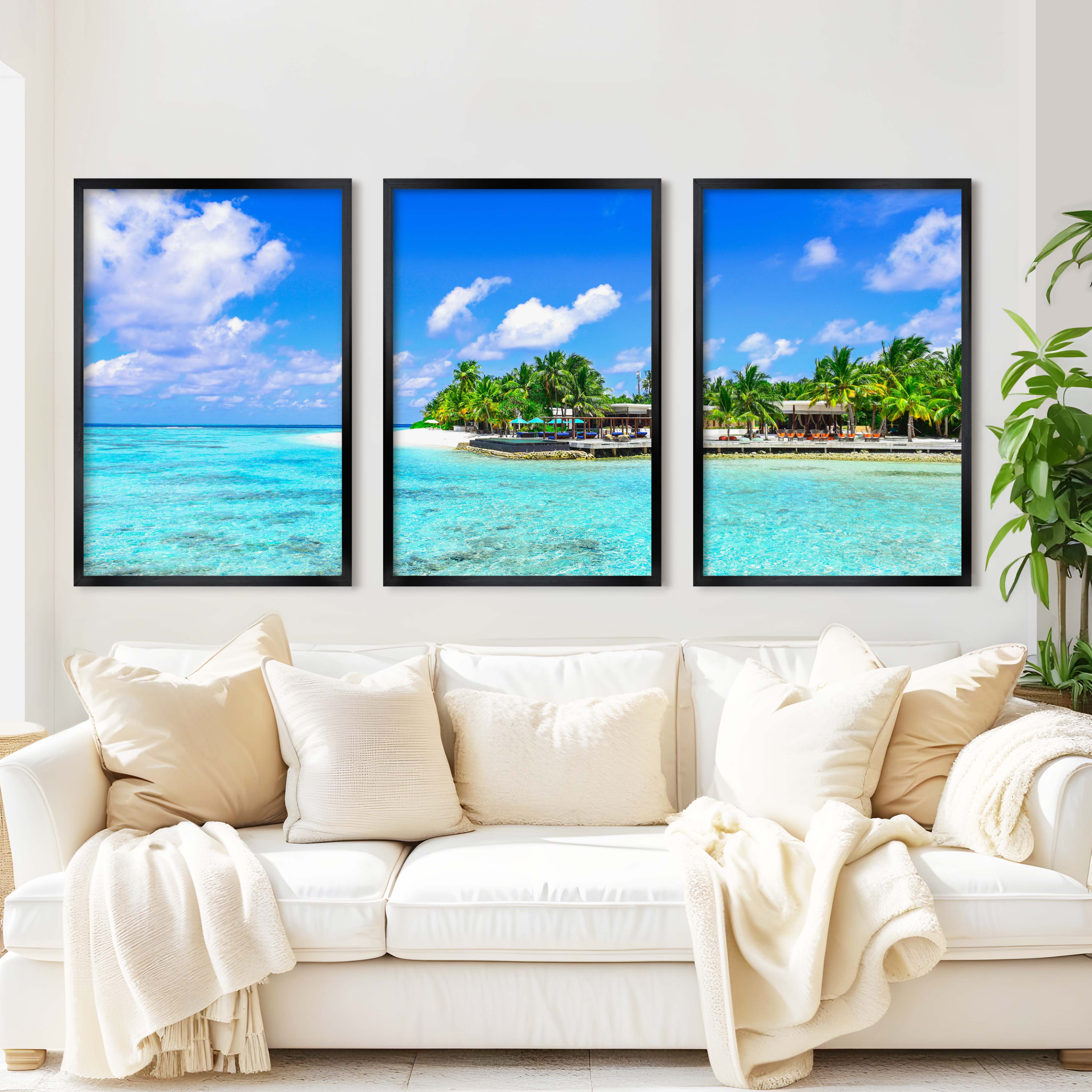 Blue Coastal Artwork – Vibrant Tropical Ocean Triptych - Black Framed Poster No Border - Artworksets