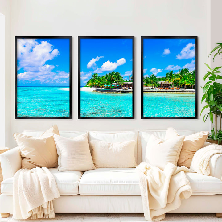 Blue Coastal Artwork – Vibrant Tropical Ocean Triptych - Black Framed Poster No Border - Artworksets