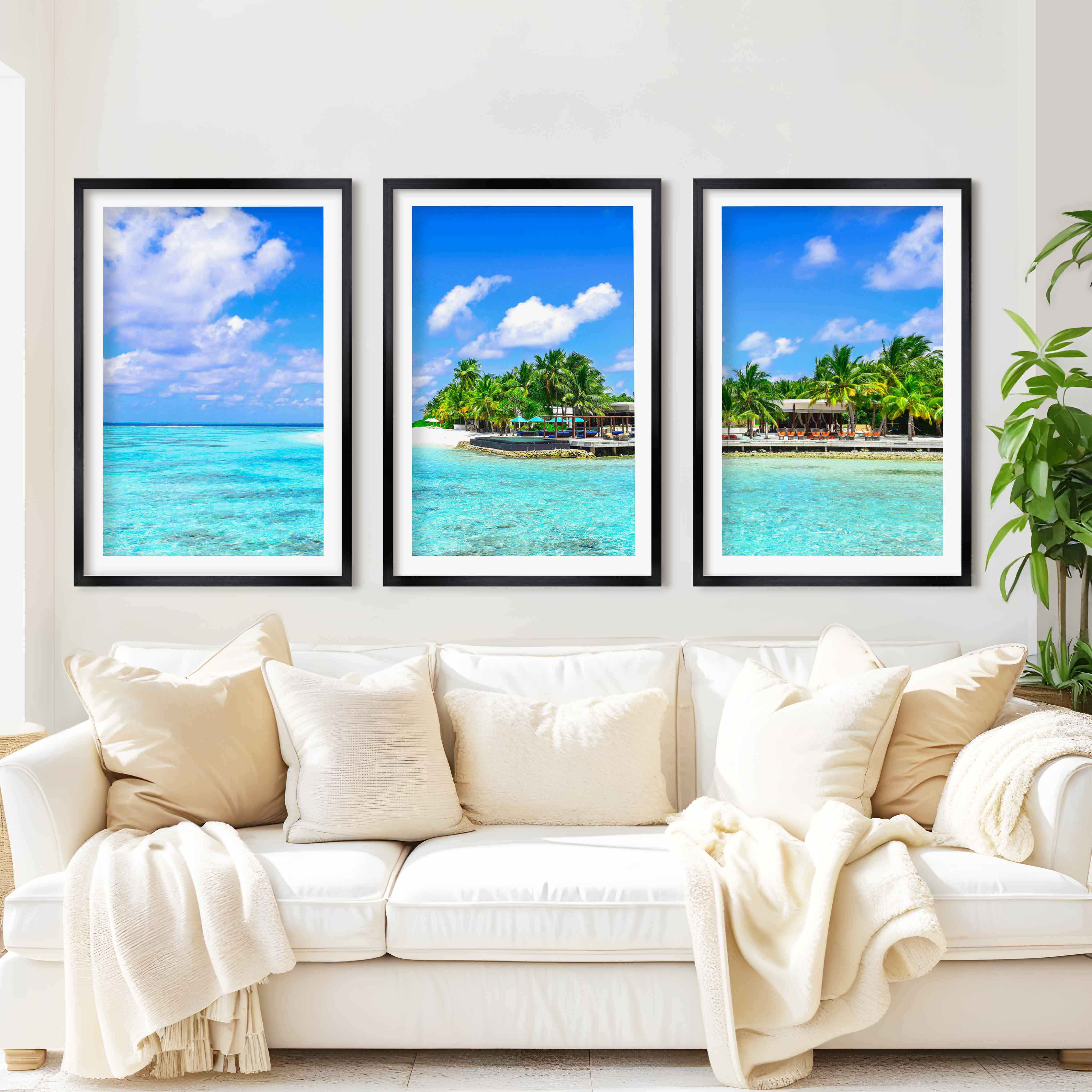 Blue Coastal Artwork – Vibrant Tropical Ocean Triptych - Black Framed Poster with White Border - Artworksets