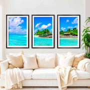 Blue Coastal Artwork – Vibrant Tropical Ocean Triptych - Black Framed Poster with White Border - Artworksets