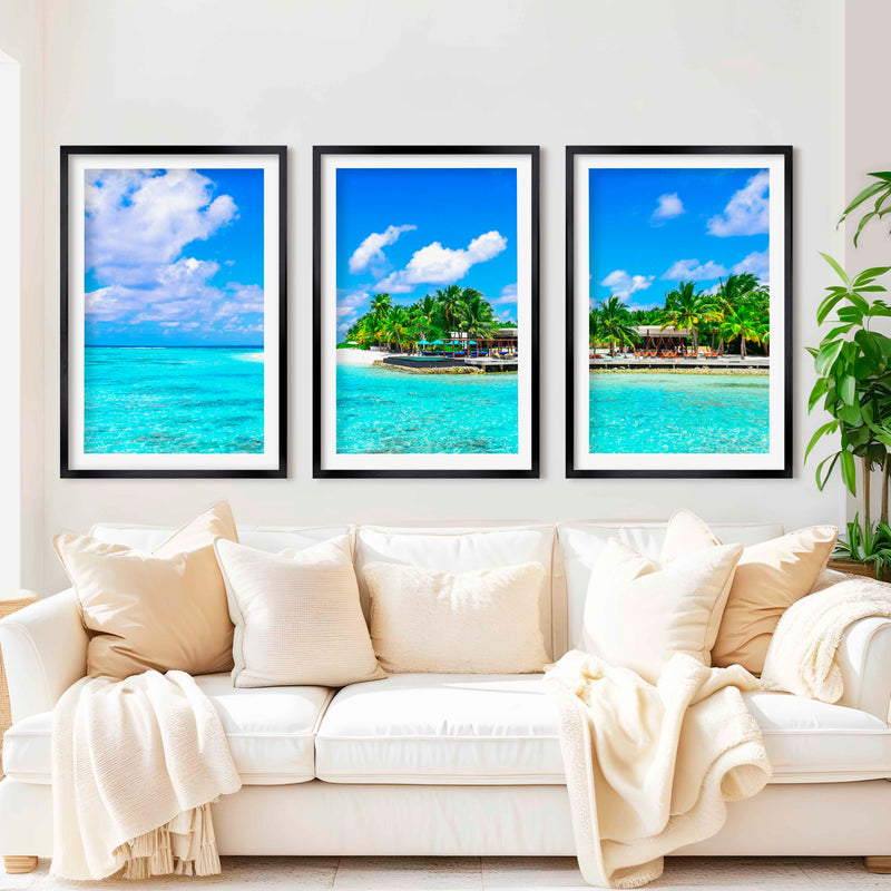 Blue Coastal Artwork – Vibrant Tropical Ocean Triptych - Black Framed Poster with White Border - Artworksets