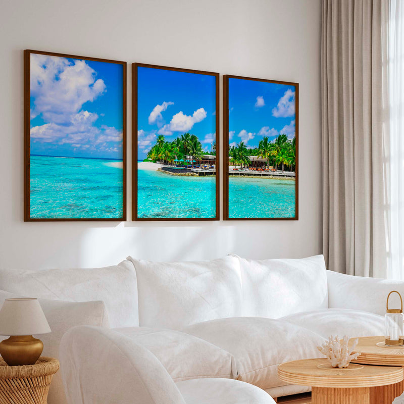 Blue Coastal Artwork – Vibrant Tropical Ocean Triptych - Dark Brown Framed Poster No Border - Artworksets