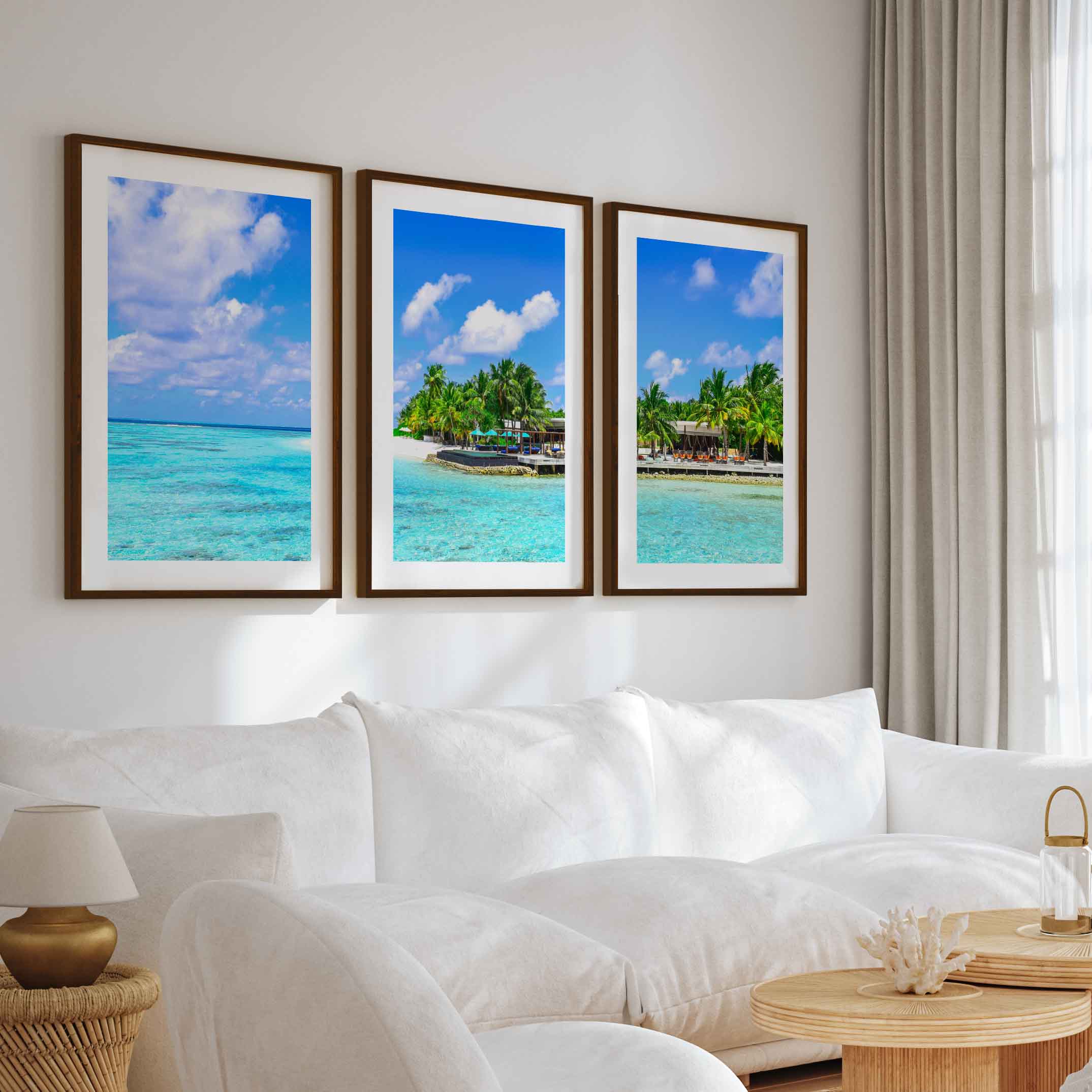 Blue Coastal Artwork – Vibrant Tropical Ocean Triptych - Dark Brown Framed Poster with White Border - Artworksets
