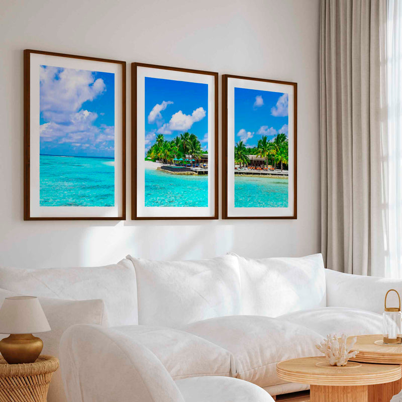 Blue Coastal Artwork – Vibrant Tropical Ocean Triptych - Dark Brown Framed Poster with White Border - Artworksets