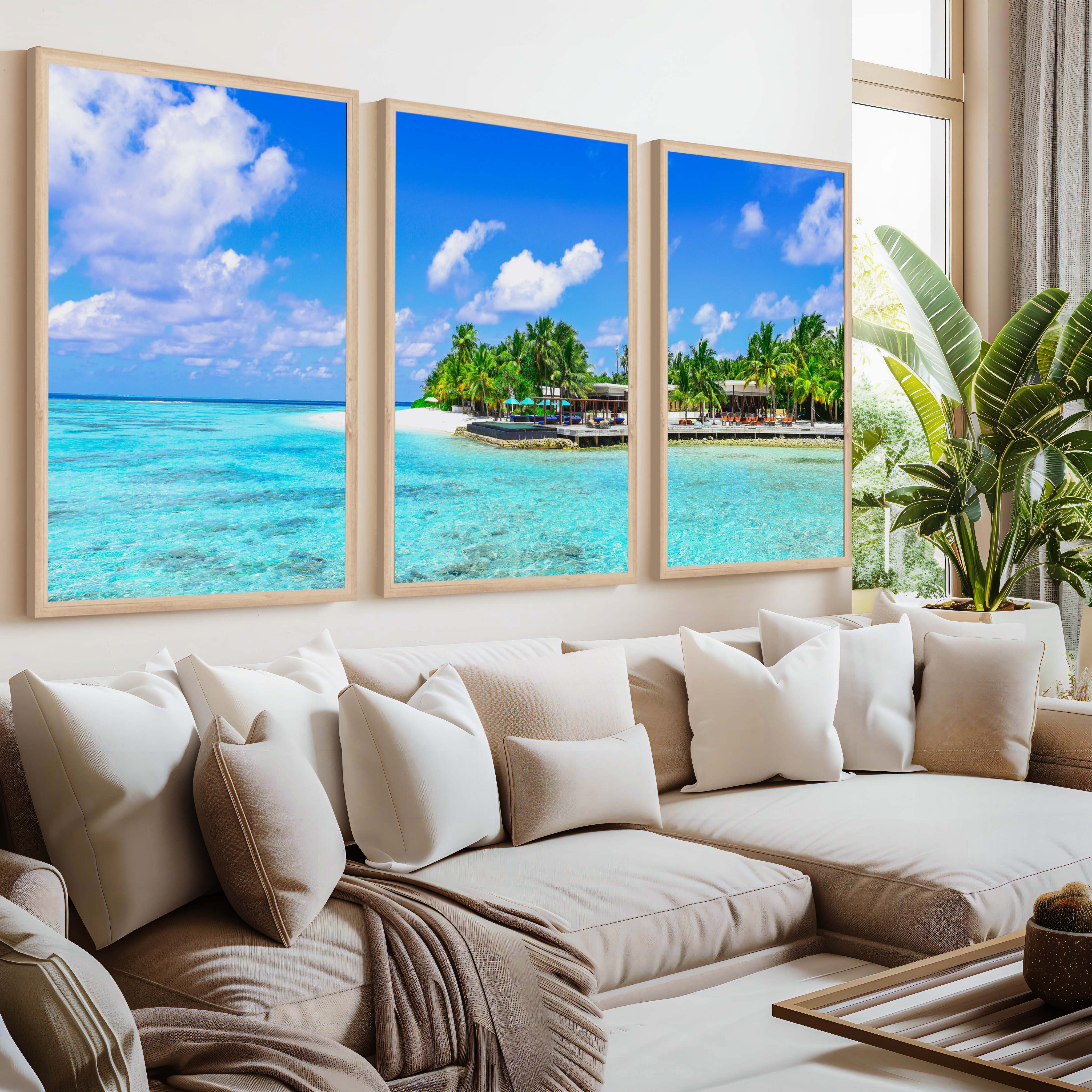 Blue Coastal Artwork – Vibrant Tropical Ocean Triptych - Natural Wood Framed Poster No Border - Artworksets