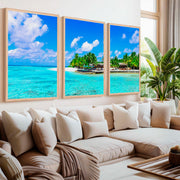 Blue Coastal Artwork – Vibrant Tropical Ocean Triptych - Natural Wood Framed Poster No Border - Artworksets