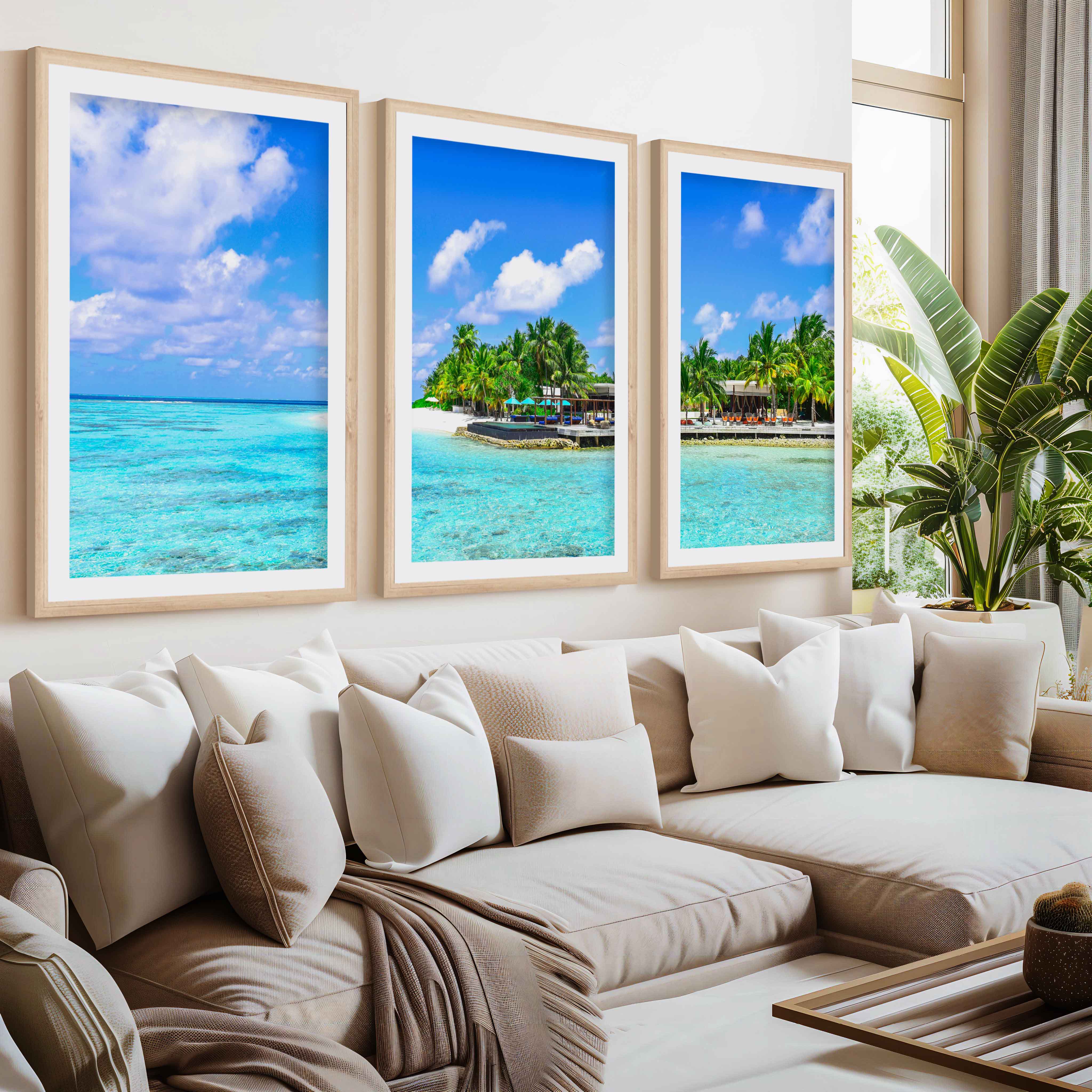 Blue Coastal Artwork – Vibrant Tropical Ocean Triptych- Natural Wood Framed Poster with White Border - Artworksets