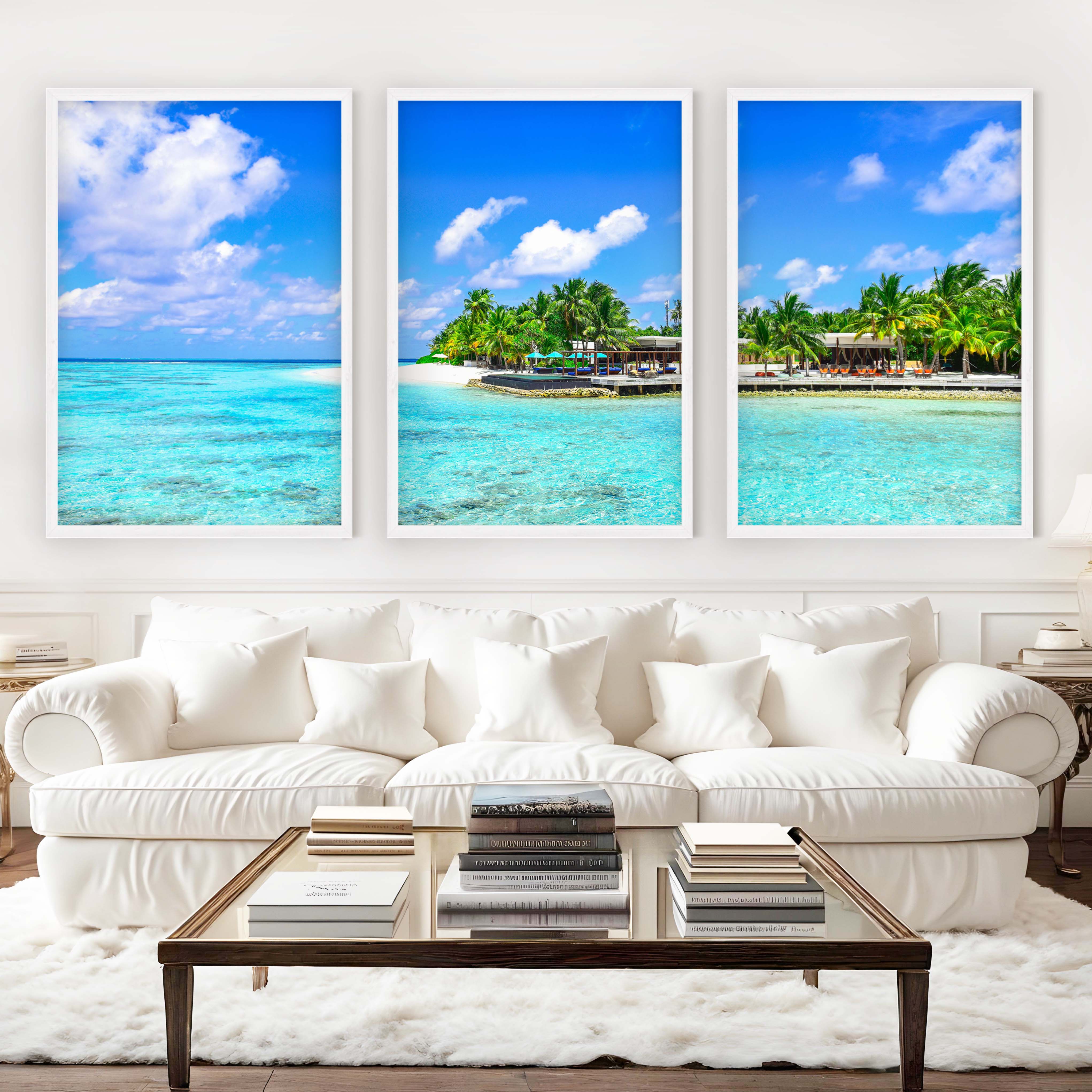 Blue Coastal Artwork – Vibrant Tropical Ocean Triptych - White Framed Poster No Border - Artworksets