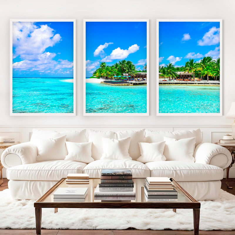 Blue Coastal Artwork – Vibrant Tropical Ocean Triptych - White Framed Poster No Border - Artworksets