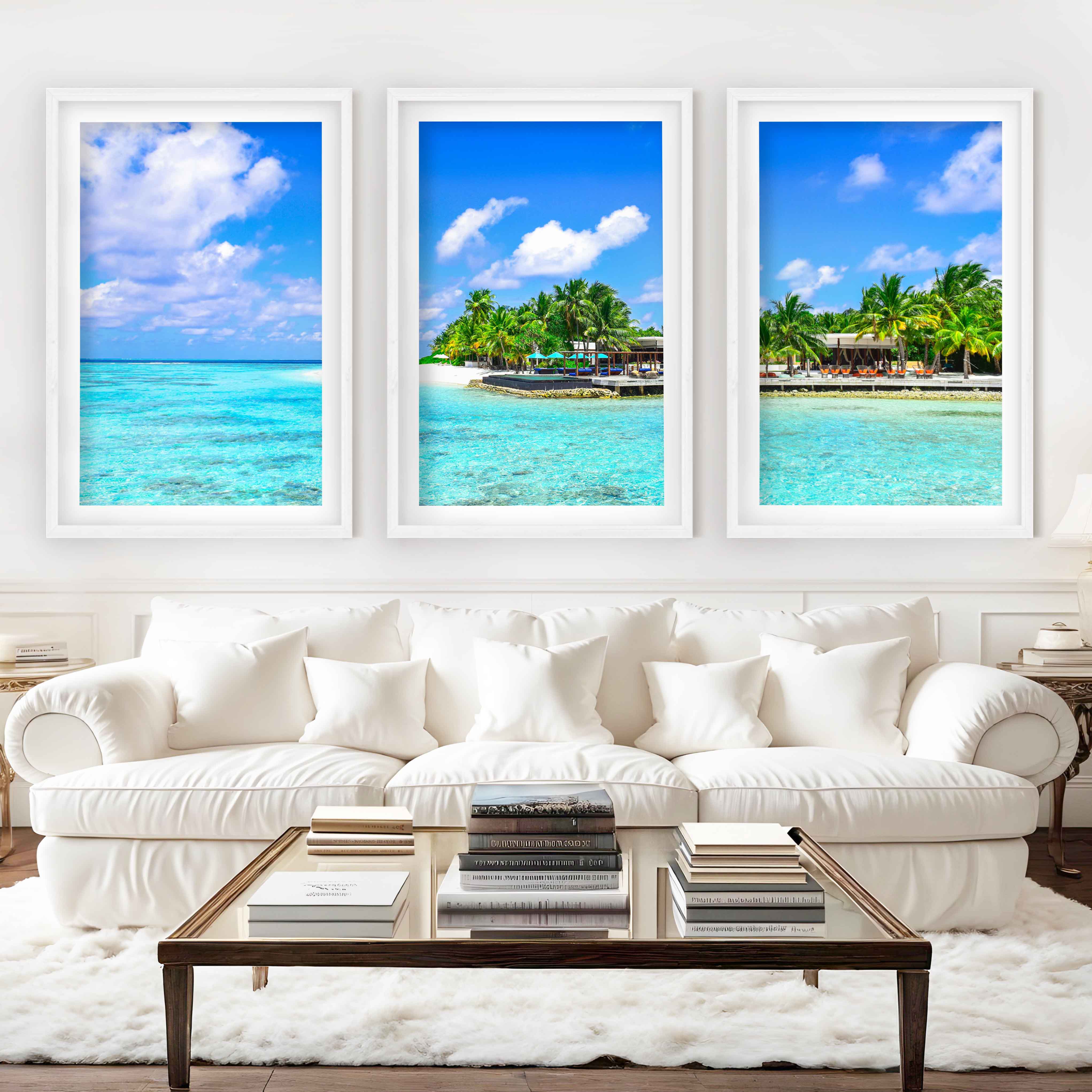 Blue Coastal Artwork – Vibrant Tropical Ocean Triptych - White Framed Poster with White Border - Artworksets