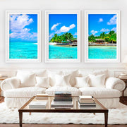 Blue Coastal Artwork – Vibrant Tropical Ocean Triptych - White Framed Poster with White Border - Artworksets