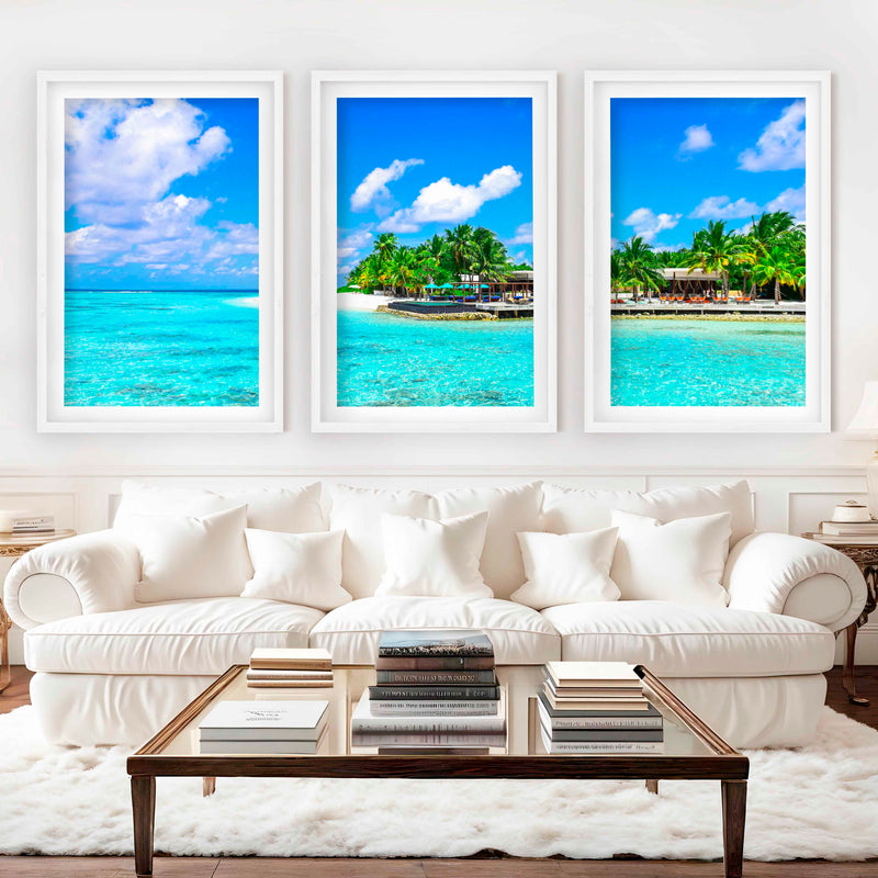 Blue Coastal Artwork – Vibrant Tropical Ocean Triptych - White Framed Poster with White Border - Artworksets
