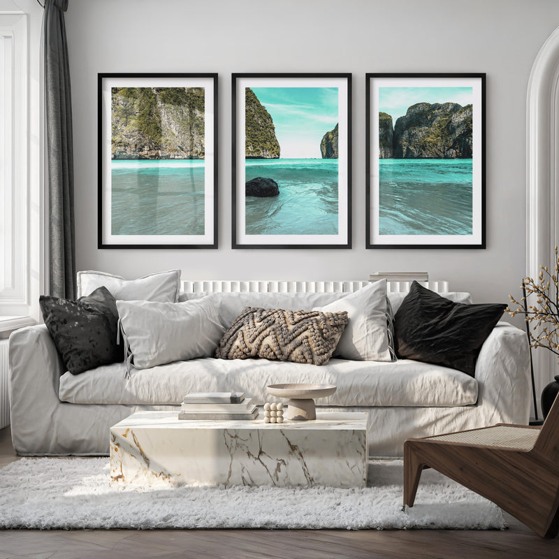 Lagoon Cliffs blue ocean print - Black Framed Poster with White Border - Artworksets