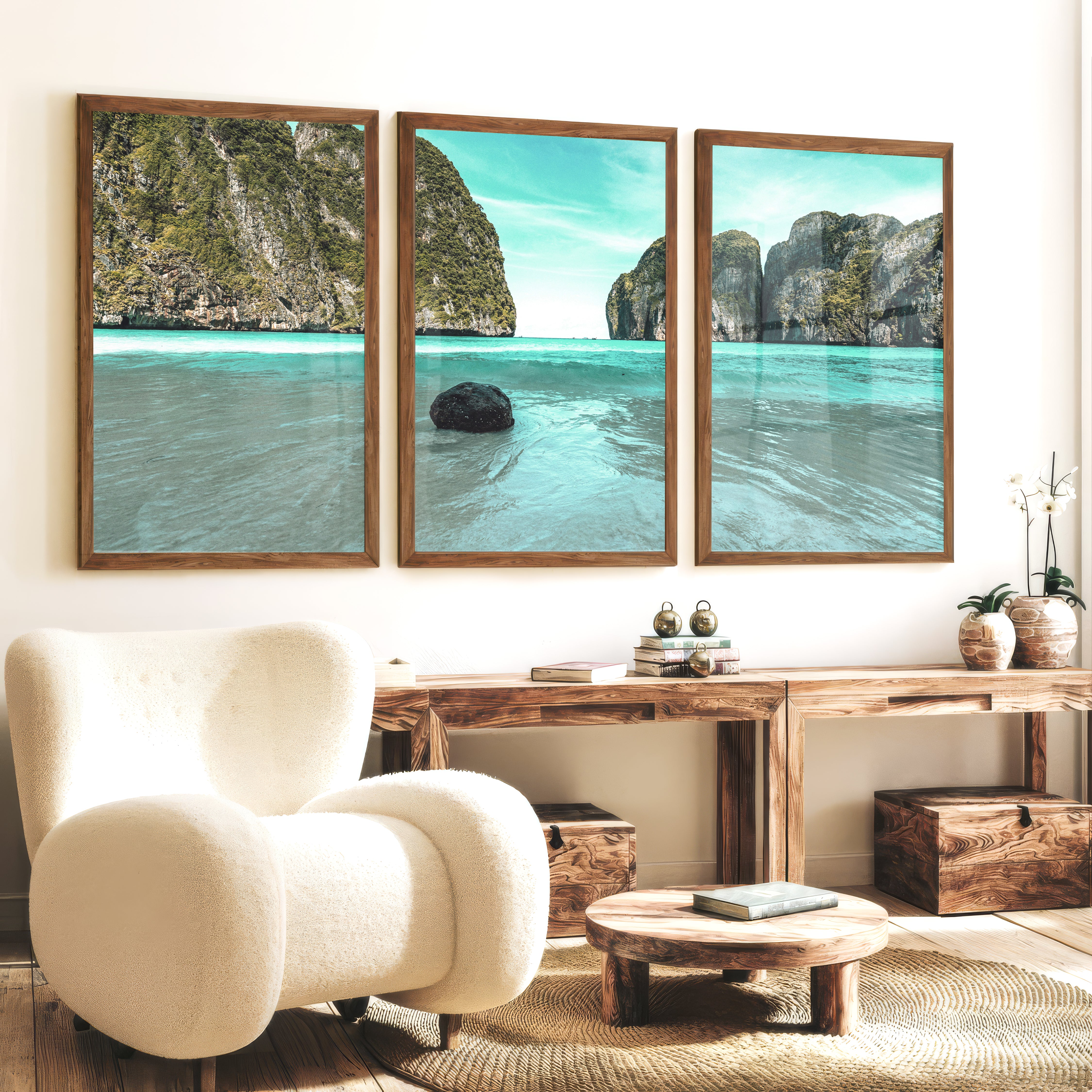 Lagoon Cliffs blue ocean print - Dark Brown Framed Poster No Border - Artworksets
