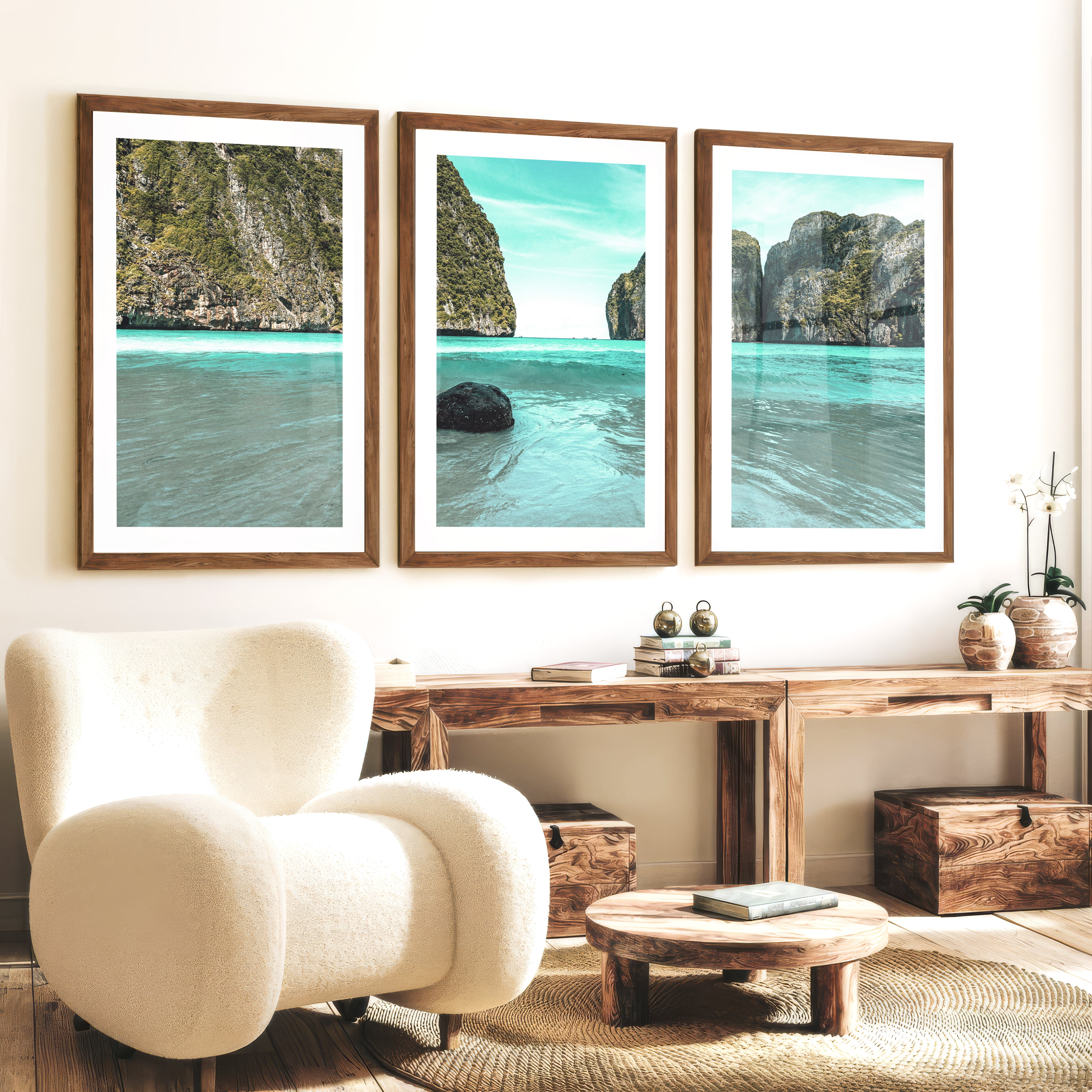 Lagoon Cliffs blue ocean print - Dark Brown Framed Poster with White Border - Artworksets