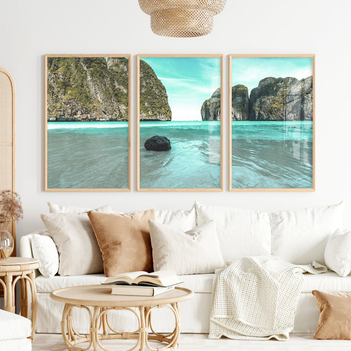 Lagoon Cliffs blue ocean print - Natural Wood Framed Poster No Border - Artworksets