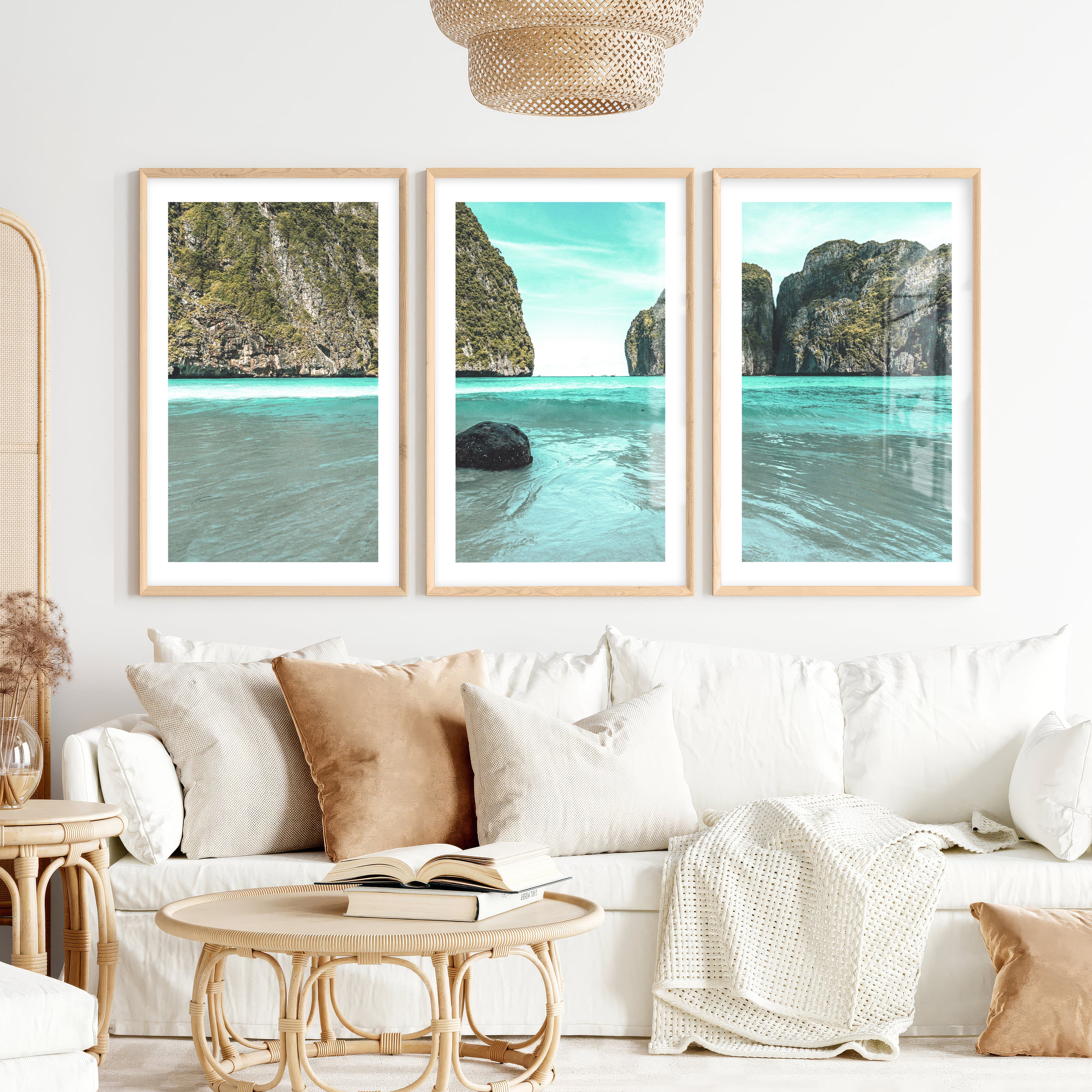 Lagoon Cliffs blue ocean print- Natural Wood Framed Poster with White Border - Artworksets