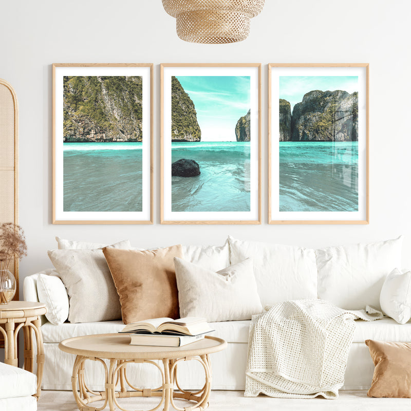 Lagoon Cliffs blue ocean print- Natural Wood Framed Poster with White Border - Artworksets