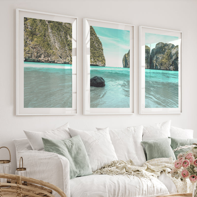 Lagoon Cliffs blue ocean print - White Framed Poster with White Border - Artworksets