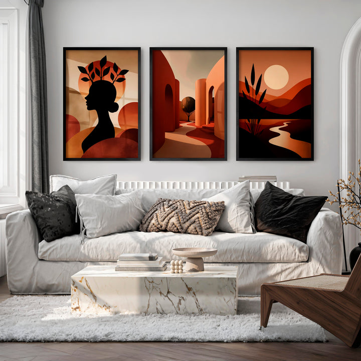 Boho Abstract Wall Art Set of 3 – Modern Warm Earthy Triptych - Black Framed Poster No Border - Artworksets