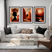 Boho Abstract Wall Art Set of 3 – Modern Warm Earthy Triptych - Black Framed Poster with White Border - Artworksets