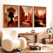 Boho Abstract Wall Art Set of 3 – Modern Warm Earthy Triptych - Dark Brown Framed Poster No Border - Artworksets