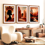 Boho Abstract Wall Art Set of 3 – Modern Warm Earthy Triptych - Dark Brown Framed Poster with White Border - Artworksets