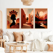 Boho Abstract Wall Art Set of 3 – Modern Warm Earthy Triptych - Natural Wood Framed Poster No Border - Artworksets