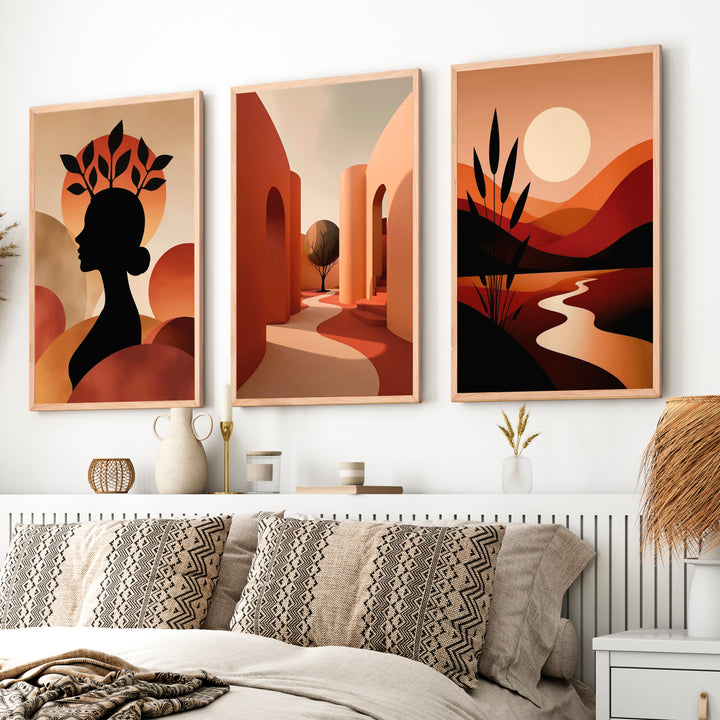 Boho Abstract Wall Art Set of 3 – Modern Warm Earthy Triptych - Natural Wood Framed Poster No Border - Artworksets