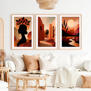 Boho Abstract Wall Art Set of 3 – Modern Warm Earthy Triptych- Natural Wood Framed Poster with White Border - Artworksets