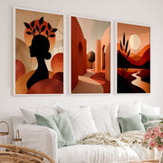 Boho Abstract Wall Art Set of 3 – Modern Warm Earthy Triptych - White Framed Poster No Border - Artworksets