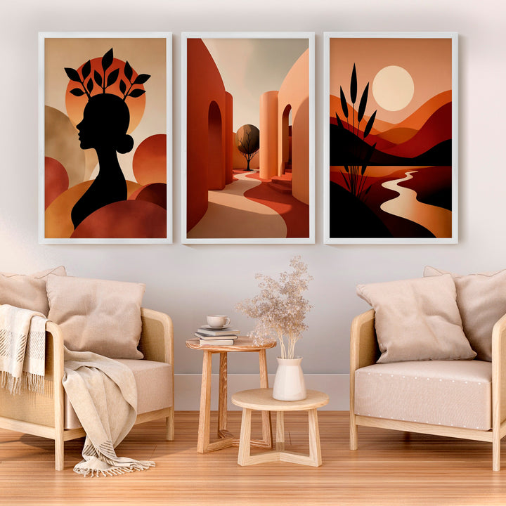 Boho Abstract Wall Art Set of 3 – Modern Warm Earthy Triptych - White Framed Poster No Border - Artworksets