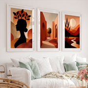 Boho Abstract Wall Art Set of 3 – Modern Warm Earthy Triptych - White Framed Poster with White Border - Artworksets