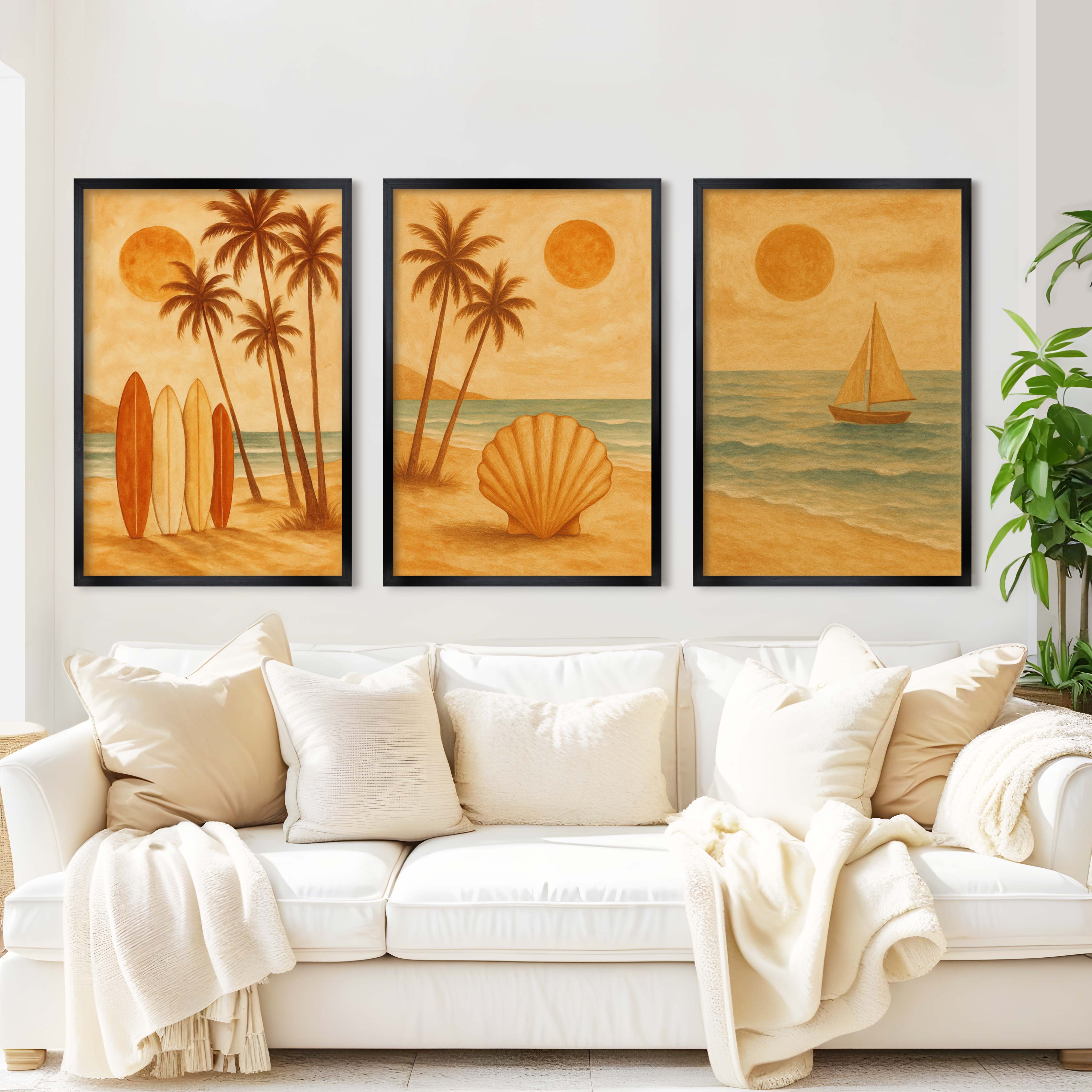 Boho Beach Wall Art – Retro Coastal Print Set (3 Pieces) - Black Framed Poster No Border - Artworksets