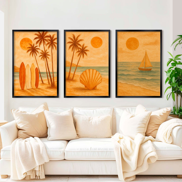 Boho Beach Wall Art – Retro Coastal Print Set (3 Pieces) - Black Framed Poster No Border - Artworksets