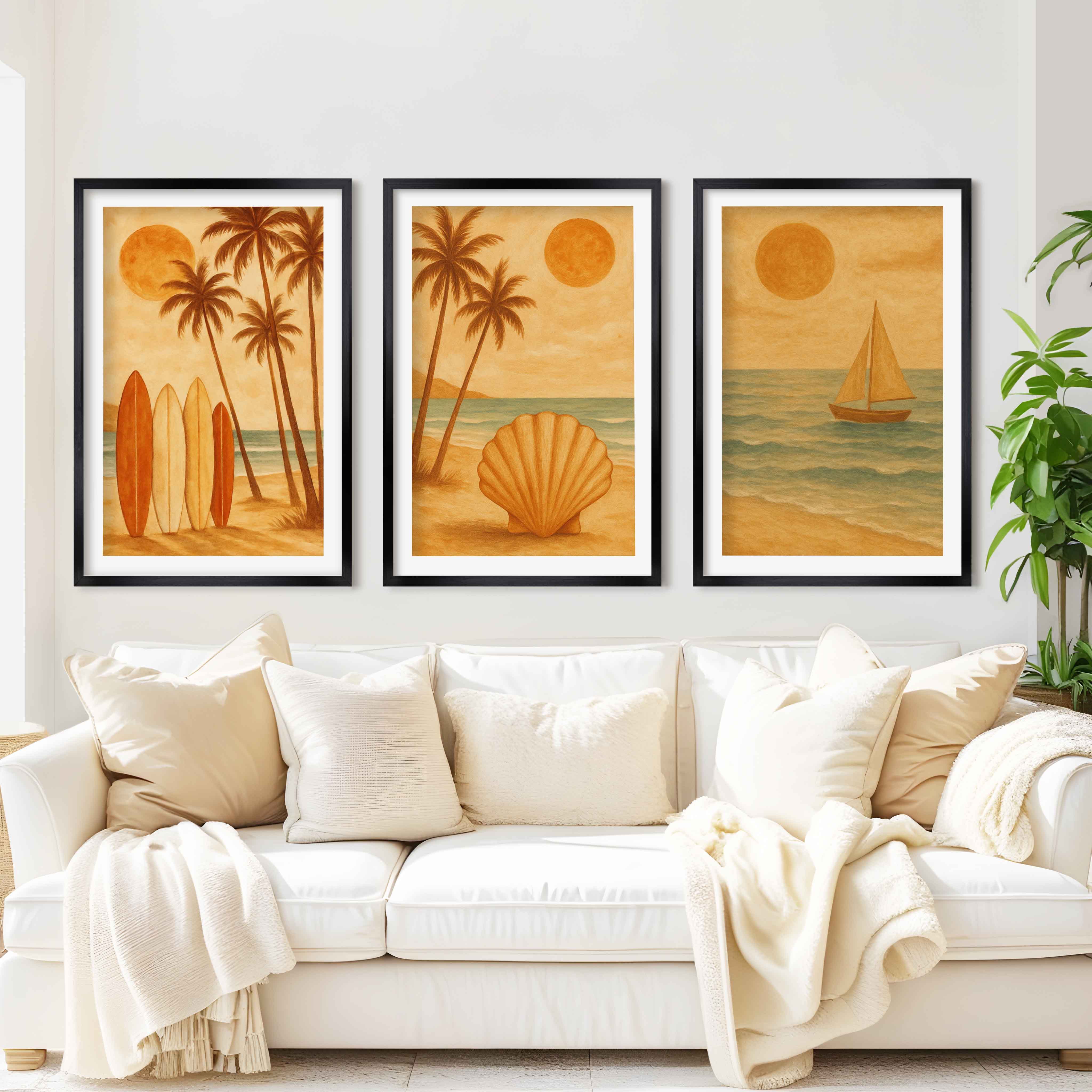 Boho Beach Wall Art – Retro Coastal Print Set (3 Pieces) - Black Framed Poster with White Border - Artworksets