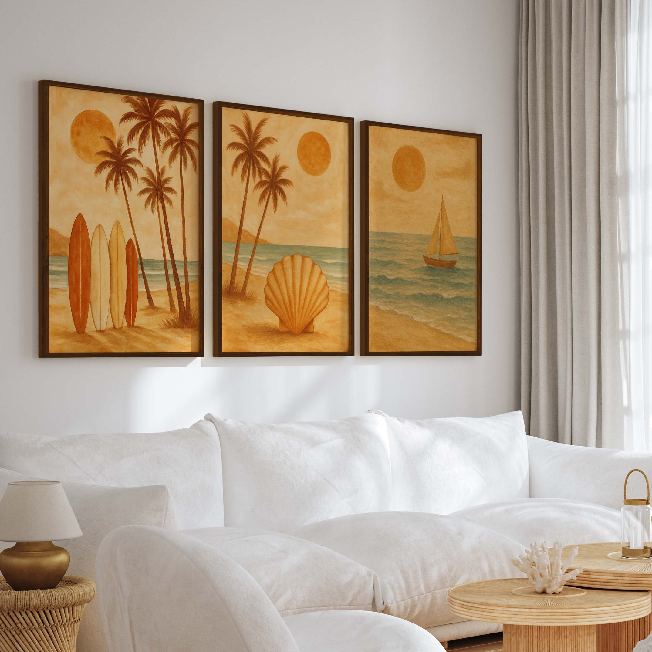 Boho Beach Wall Art – Retro Coastal Print Set (3 Pieces) - Dark Brown Framed Poster No Border - Artworksets