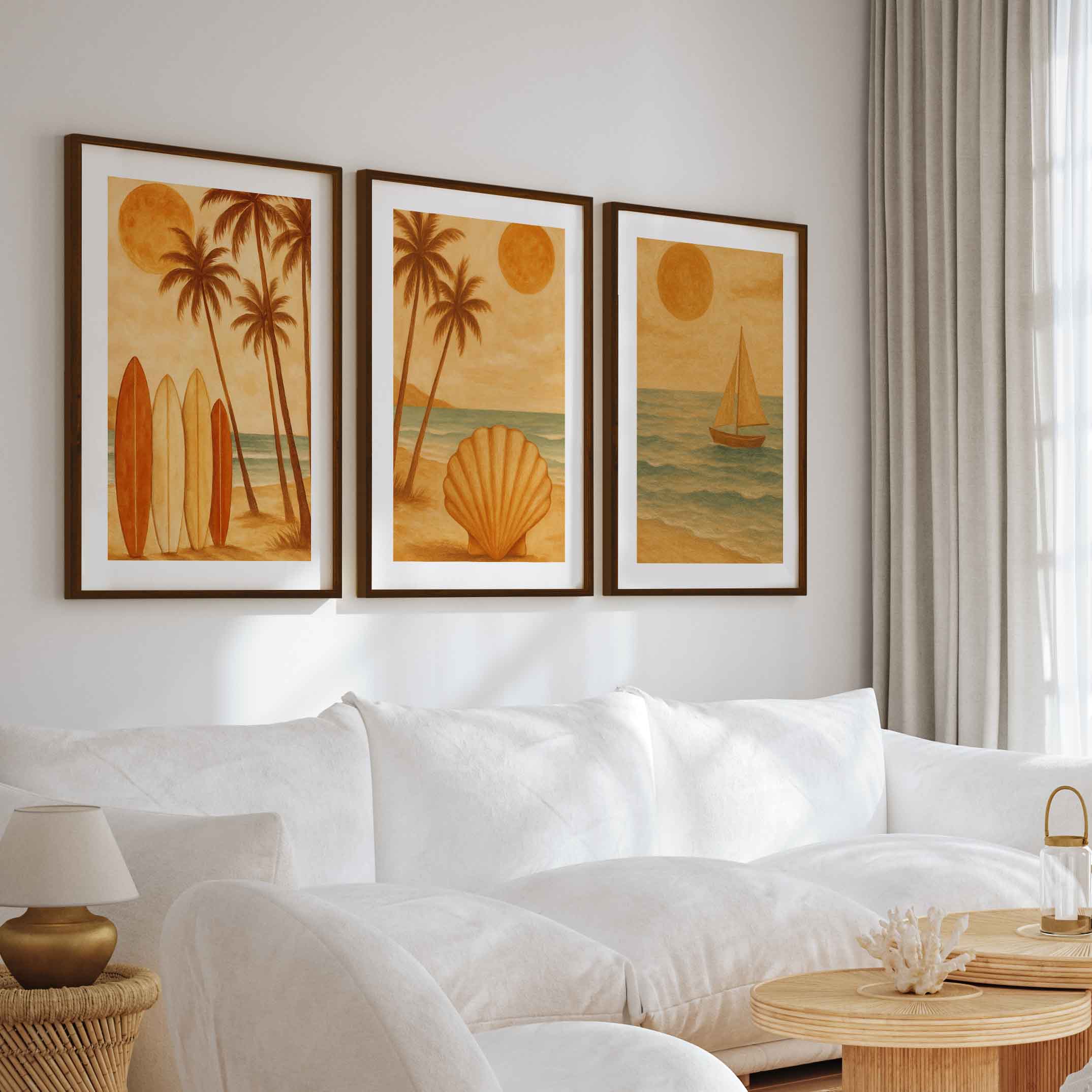 Boho Beach Wall Art – Retro Coastal Print Set (3 Pieces) - Dark Brown Framed Poster with White Border - Artworksets