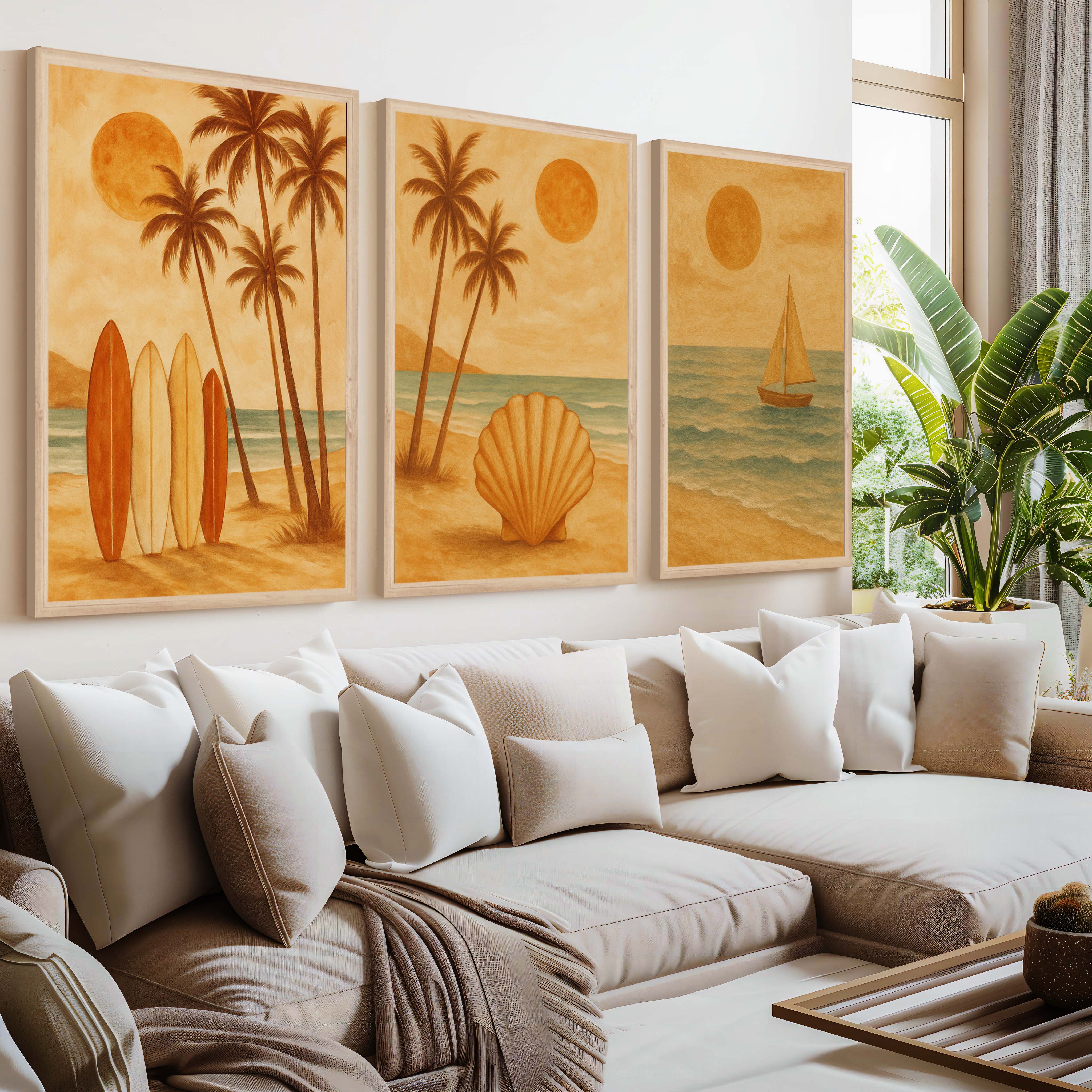 Boho Beach Wall Art – Retro Coastal Print Set (3 Pieces) - Natural Wood Framed Poster No Border - Artworksets