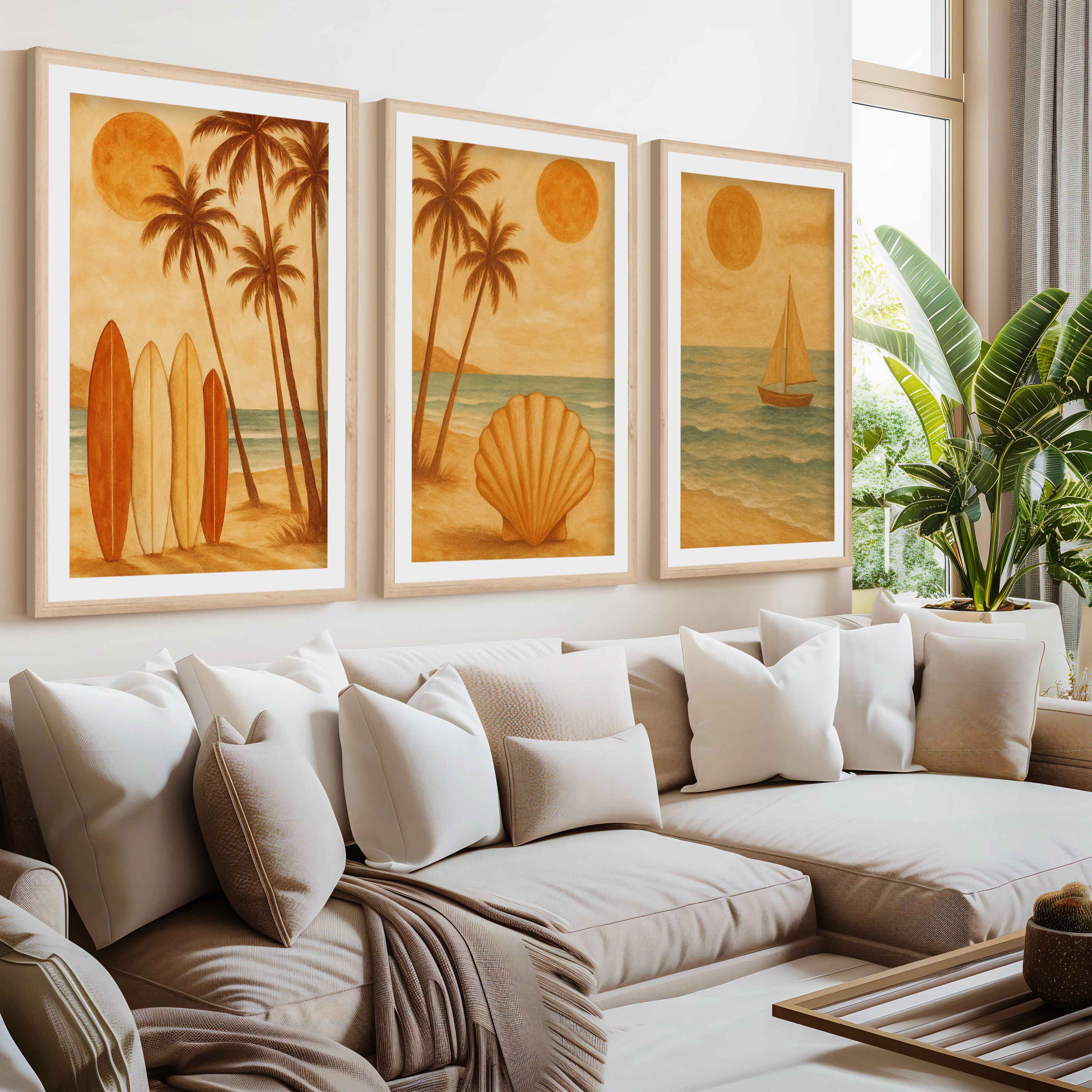 Boho Beach Wall Art – Retro Coastal Print Set (3 Pieces)- Natural Wood Framed Poster with White Border - Artworksets