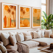 Boho Beach Wall Art – Retro Coastal Print Set (3 Pieces)- Natural Wood Framed Poster with White Border - Artworksets