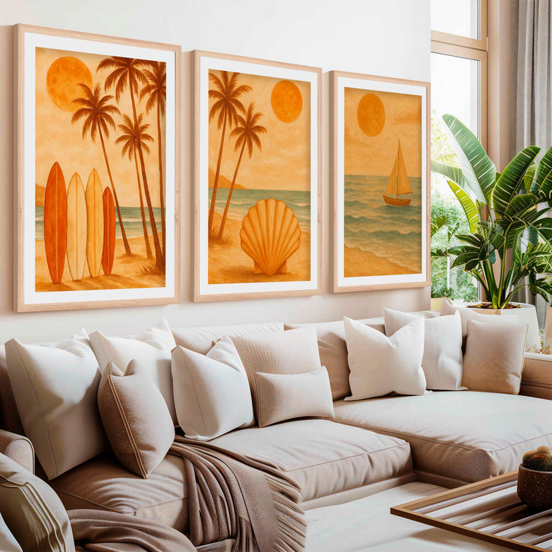 Boho Beach Wall Art – Retro Coastal Print Set (3 Pieces)- Natural Wood Framed Poster with White Border - Artworksets