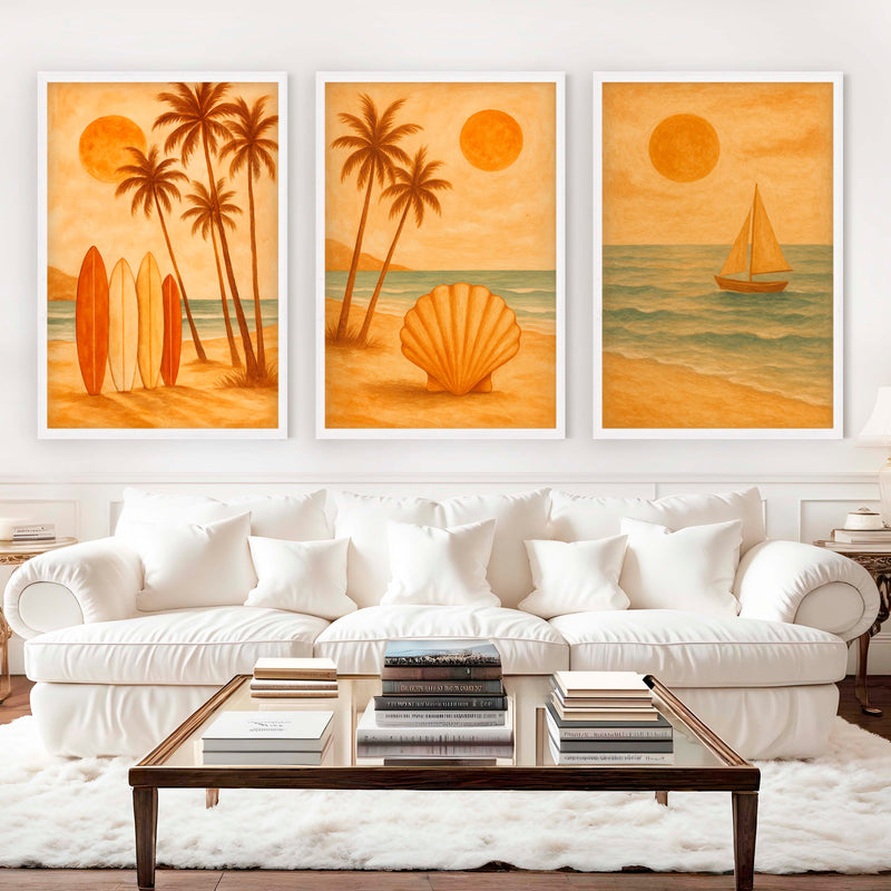 Boho Beach Wall Art – Retro Coastal Print Set (3 Pieces) - White Framed Poster No Border - Artworksets