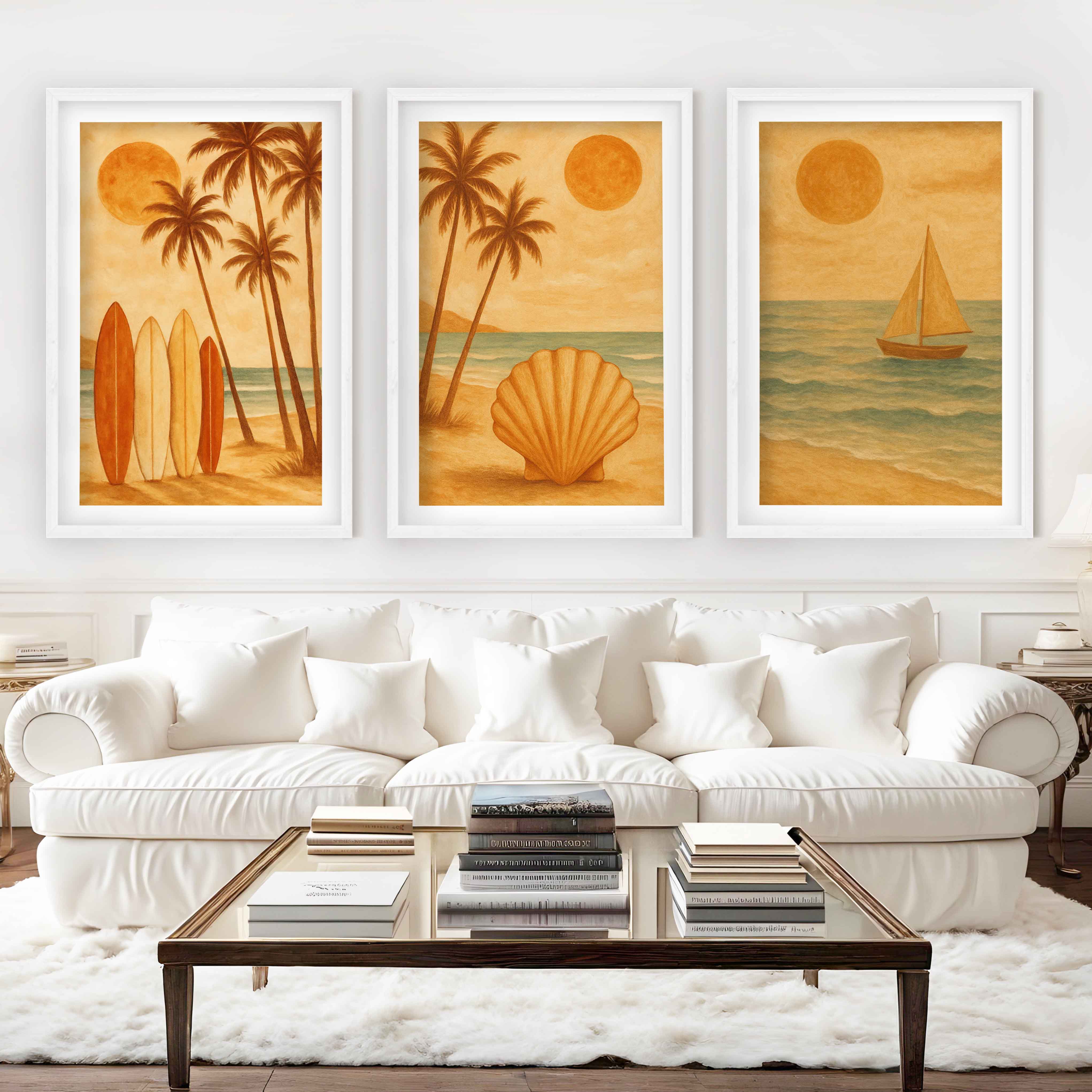 Boho Beach Wall Art – Retro Coastal Print Set (3 Pieces) - White Framed Poster with White Border - Artworksets