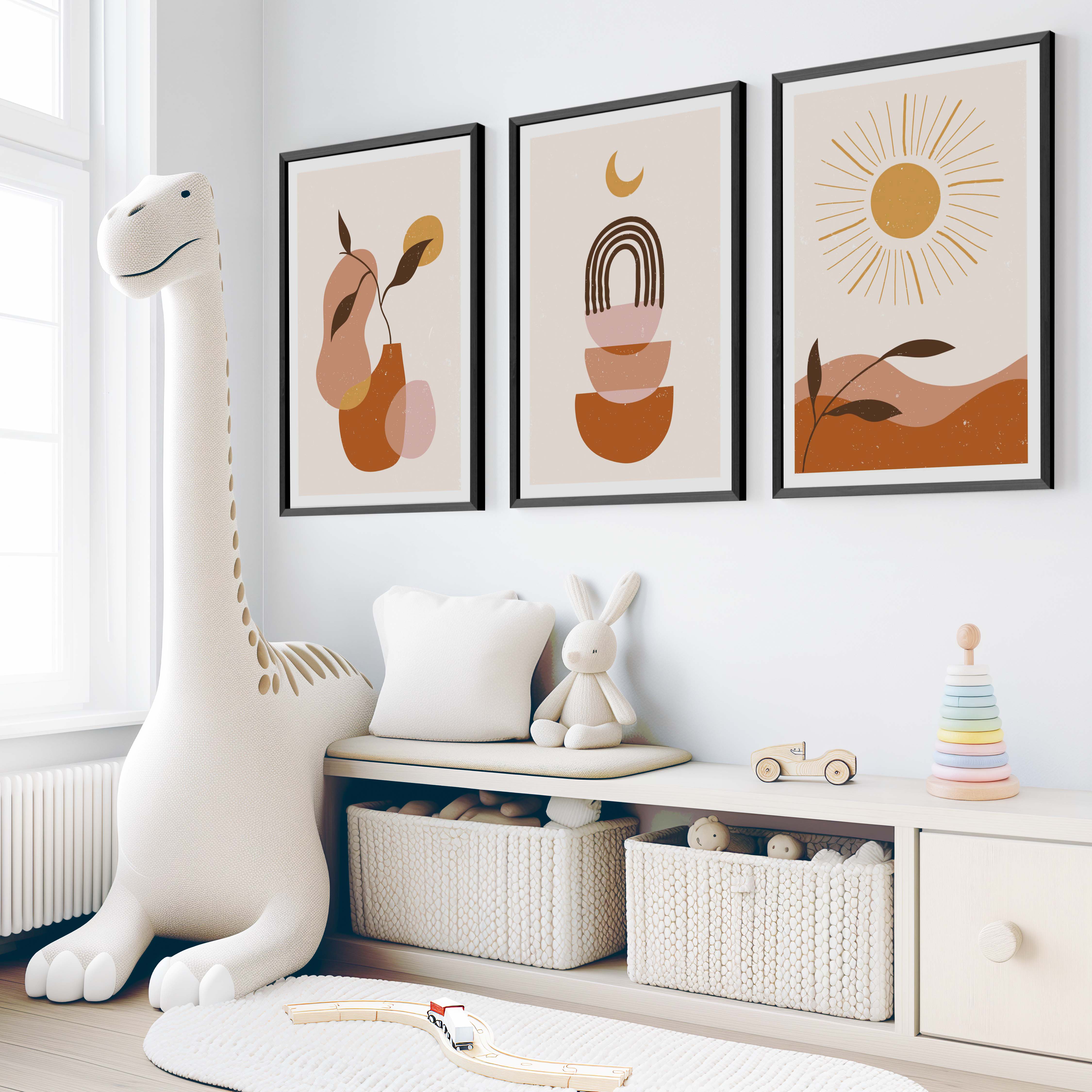 Boho Nursery Wall Art – Minimalist Abstract Print Set (3 Pieces) - Black Framed Poster No Border - Artworksets